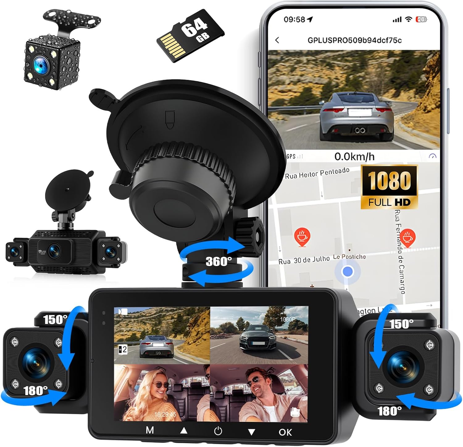 360° 4 Channel 1080P Dash Cam Front and Rear Inside,3” Dash Camera for Cars Car Camera with WiFi,APP Control,IR Night Vision,Loop Recording,G-Sensor,Parking Assistance,24H Parking Monitor+64G SD