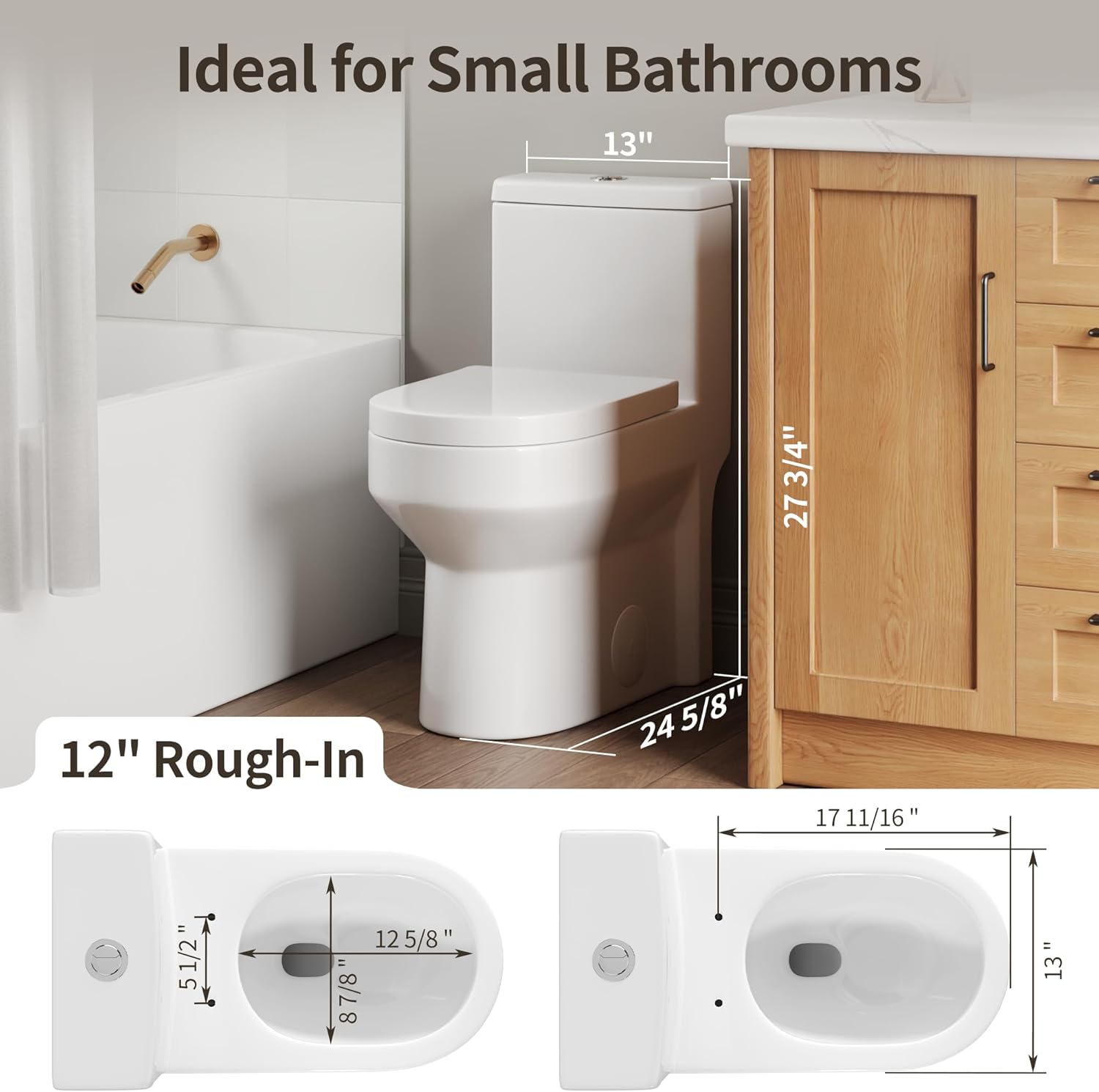 DeerValley Compact One Piece Toilet with Comfortable Seat Height Modern Standard Toilet for Small Bathroom Dual Flush 1.1/1.6 GPF Powerful & Quiet 12'' Rough-In Skirted Toilets