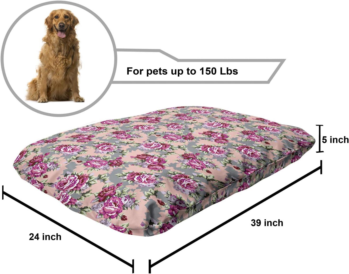 review Ambesonne Peony Pet Bed, Repetitive Vibrant Tones Modernized Flowers Print, Chew Resistant Pad for Dogs and Cats Cushion with Removable Cover, 24