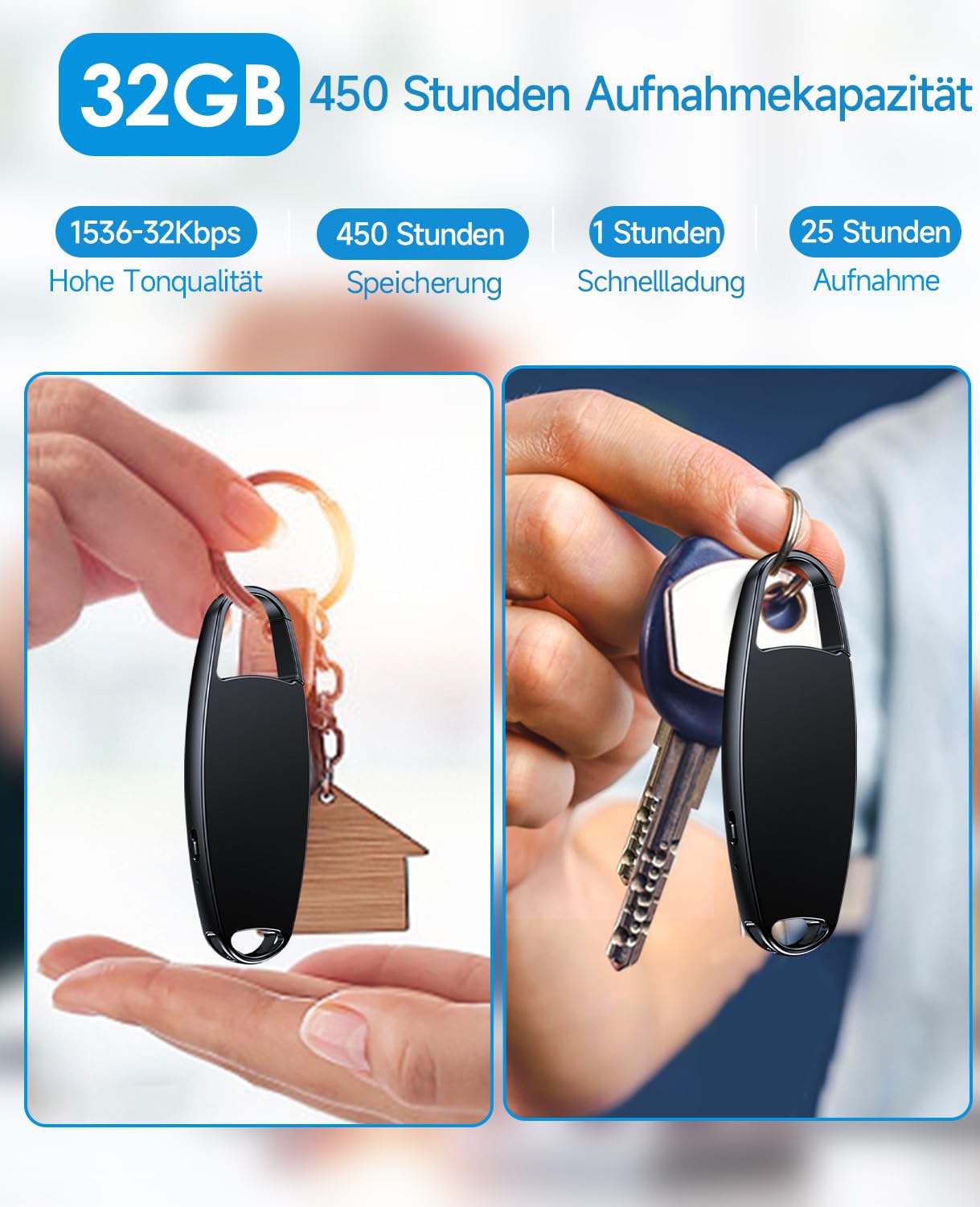 Diktiergerät Mini, Vandlion 32GB Aufnahmegerät mit Rauschunterdrückung, USB C Voice Recorder mit Spracherkennung für Vorlesungen Interviews Meetings Klasse