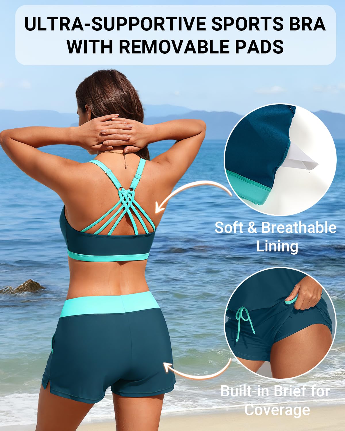 Aqua Eve Tankini-Badeanzug für Damen, 3-teilig, Badeanzüge mit Boyshorts, Bade-Tanktop, Sport-BH, bedeckte Bademode