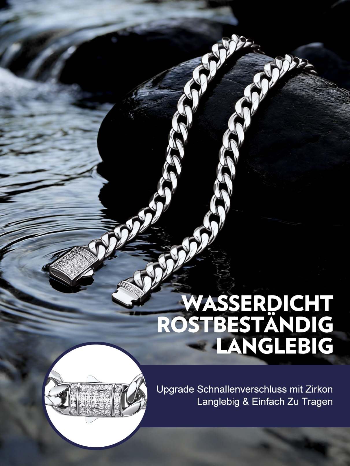Bandmax Halskette Herren Edelstahl Panzerkette 6/9/12MM breit Kubanische Kette Silber/Gold/Schwarz Gliederkette Männer Hip Hop Kette mit Zirkon Verschluss Schmuck, Kettenlänge 46-76CM