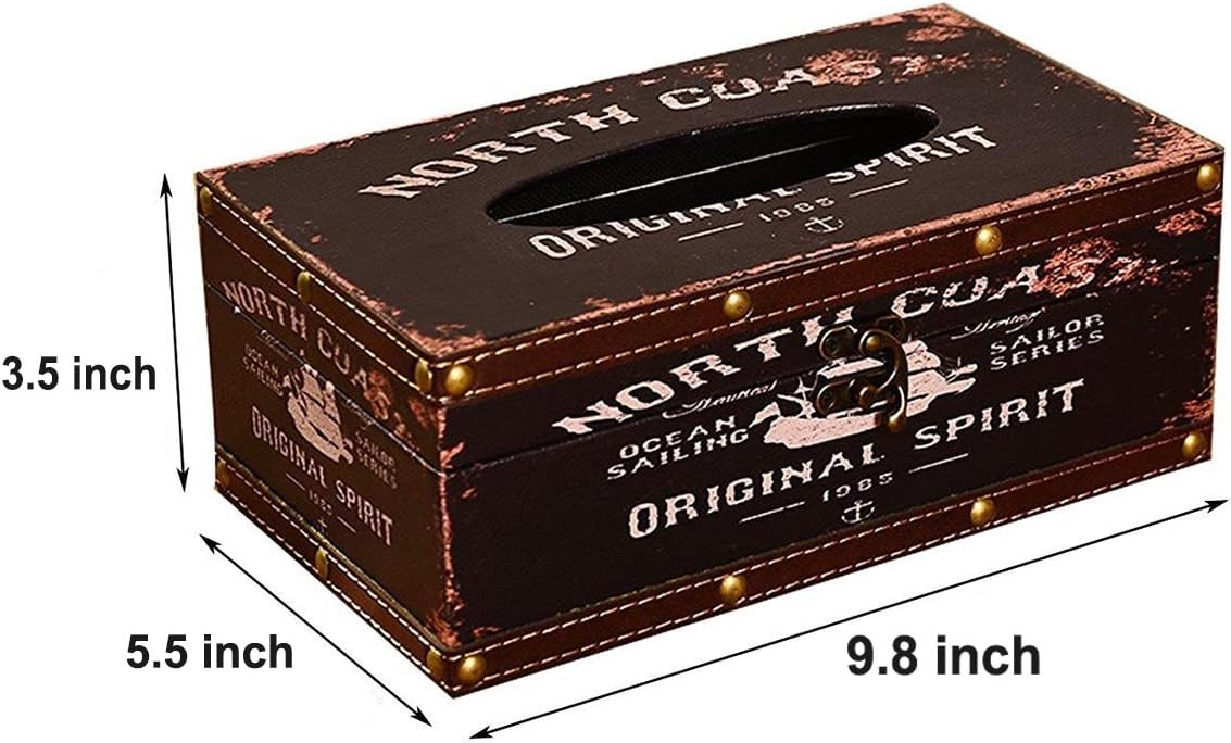 Vintage Chic Shabby Wooden Tissue Box Holder Rectangle Handcraft Tissue Paper Box Cover Napkin Organizer Holder Home Storage Room Office Car Decoration with Metal Lock (Black Map)