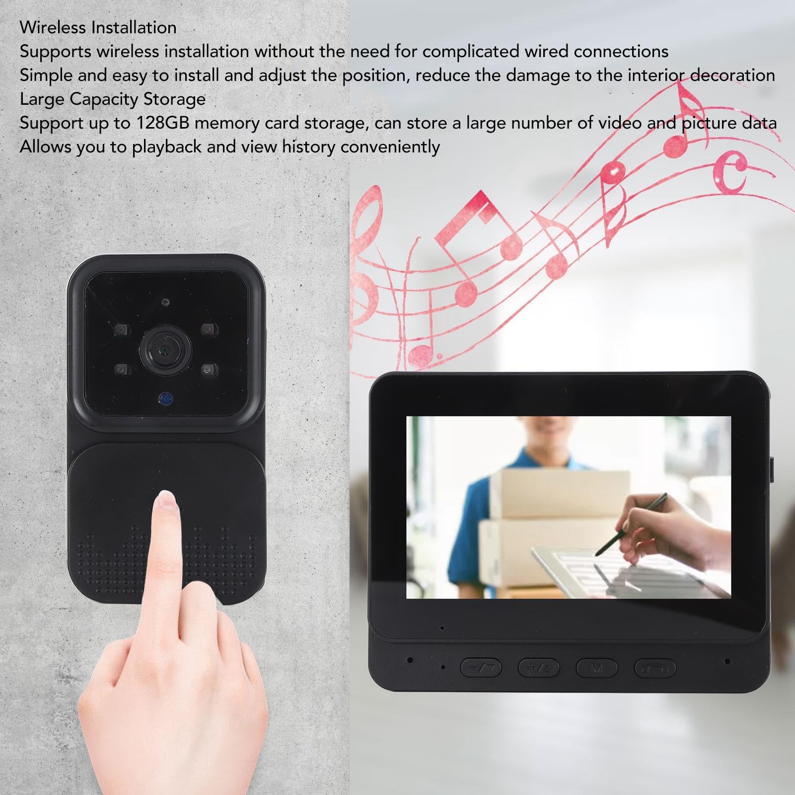 Denash Timbre con Vídeo Inteligente, Pantalla IPS Profesional de 4,3 Pulgadas, Monitoreo Remoto, Timbre Inteligente WiFi, Visión Nocturna por Infrarrojos para el Hogar