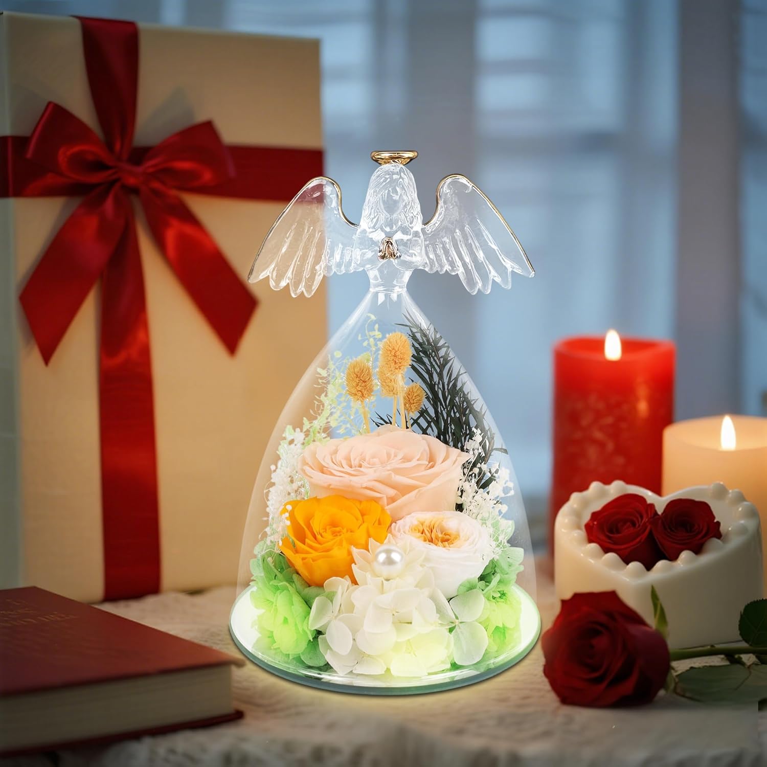 YOFIT Gifts for Women Mom-Preserved Roses in Glass Angel Figurine, Forever Fresh Flowers for Her Grandma, Gifts for Valentines Mother's Day Birthday (Champagne, Lights) - Image 8