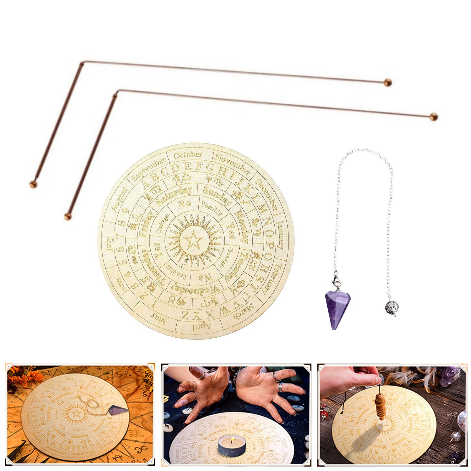 ZHENZQ Handcrafts Divining Rods with Crystal Pendulums and Divination Board for Spiritual Exploration Treasure Water Divining