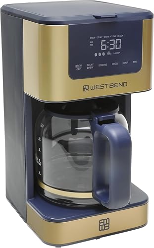 West Bend Cafetera programable atemporal de 12 tazas con selector de fuerza de preparación para café caliente y helado, incluye opción de