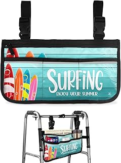 Summer Surfboard Beach Wheelchair Side Bag Walker Bag, Ocean Teal Ombre Wood Wheelchair Accessories Armrest Pouch, Organizer Storage Bag for Walkers, Rollators, Scooters, 7.3'x13'