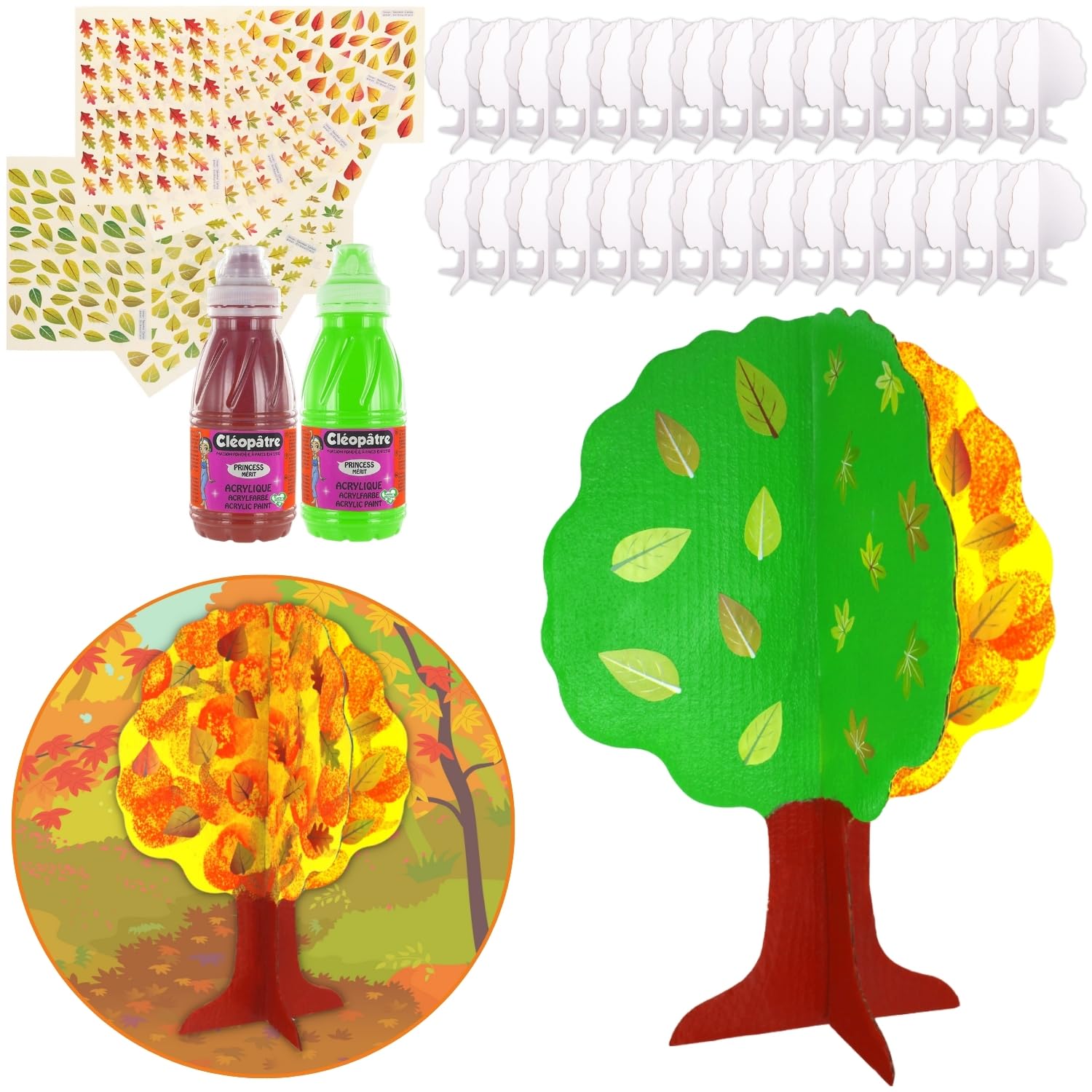 Cléopâtre - Kit de árbol de 4 estaciones - Lote de 30 árboles de cartón para decorar, 1904 gomets, 2 pinturas acrílicas - ocio creativo niño