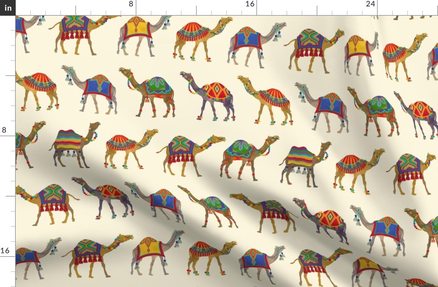Spoonflower Fabric - Exotic Desert Animal Camel Pom Poms Tassels Whimsical Maximalist Printed on Organic Cotton Sateen Fabric by The Yard - Sewing Quilting Apparel Home Decor