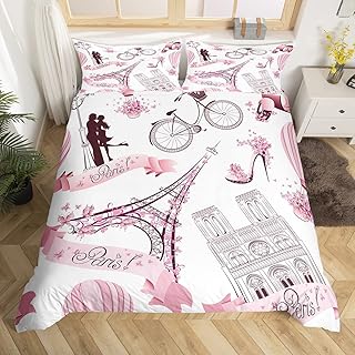 Paris Comforter Cover Set King Eiffel Tower Bedding Sets For Couple Women Girls Teen Paris theme bedroom decor Pink Butterfly Duvet Cover Zip Up 3 Pcs Romantic French Paris Quilt Coverï¼ˆNo Stuffing)