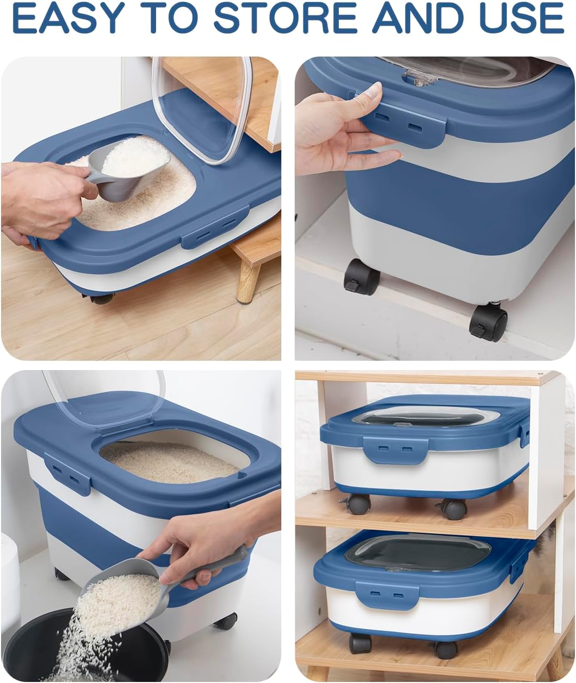 Rice Storage Container,Collapsible Food Storage Containers with Rolling Wheel Airtight Locking Lid,Flour Storage Container with Cup and Scoop,Suitable for Food,Rice,Pet Food,Flour