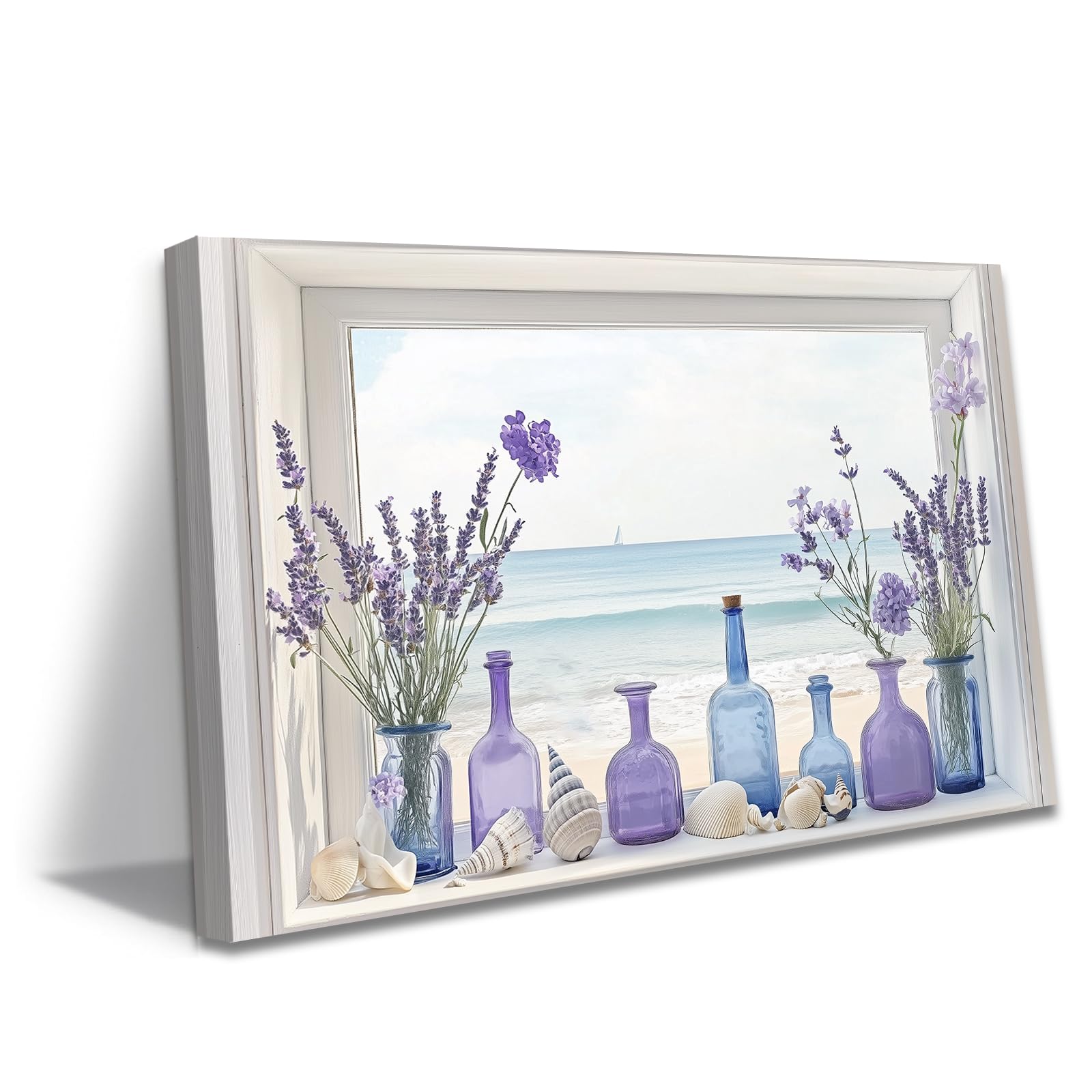 ZXHYWYM Window Wall Art Bathroom Pictures Wall Decor Lavender Canvas Pictures Rustic Flowers Paintings Beach Window Print Farmhouse Decor Frame (Black, (50L x 75W cm))