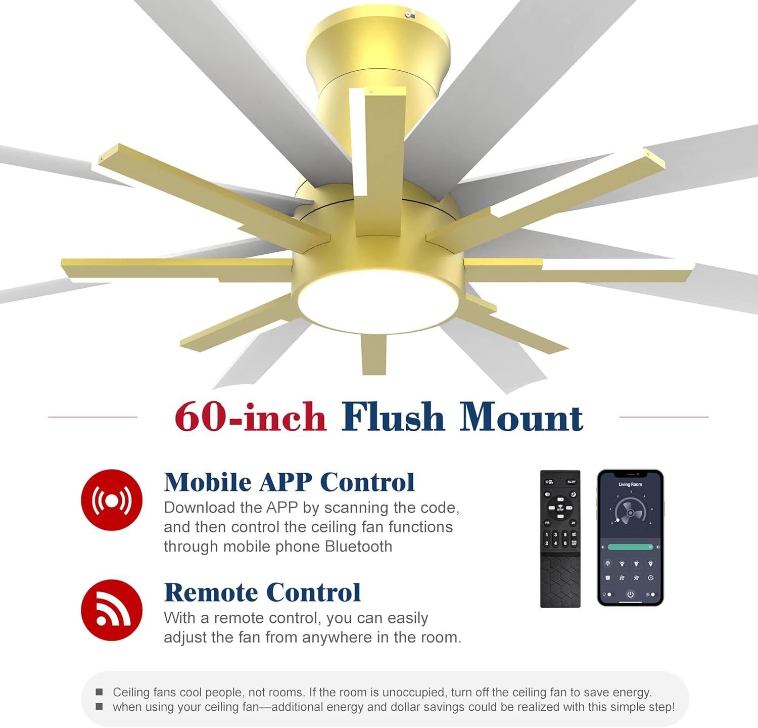 60 inch White Ceiling Fans with Lights and Remote, Flush Mount Ceiling Fan for Living Room Bedoom，6 Speed Reversible，8 Blades and 9 Lights，3 CCT，White Gold