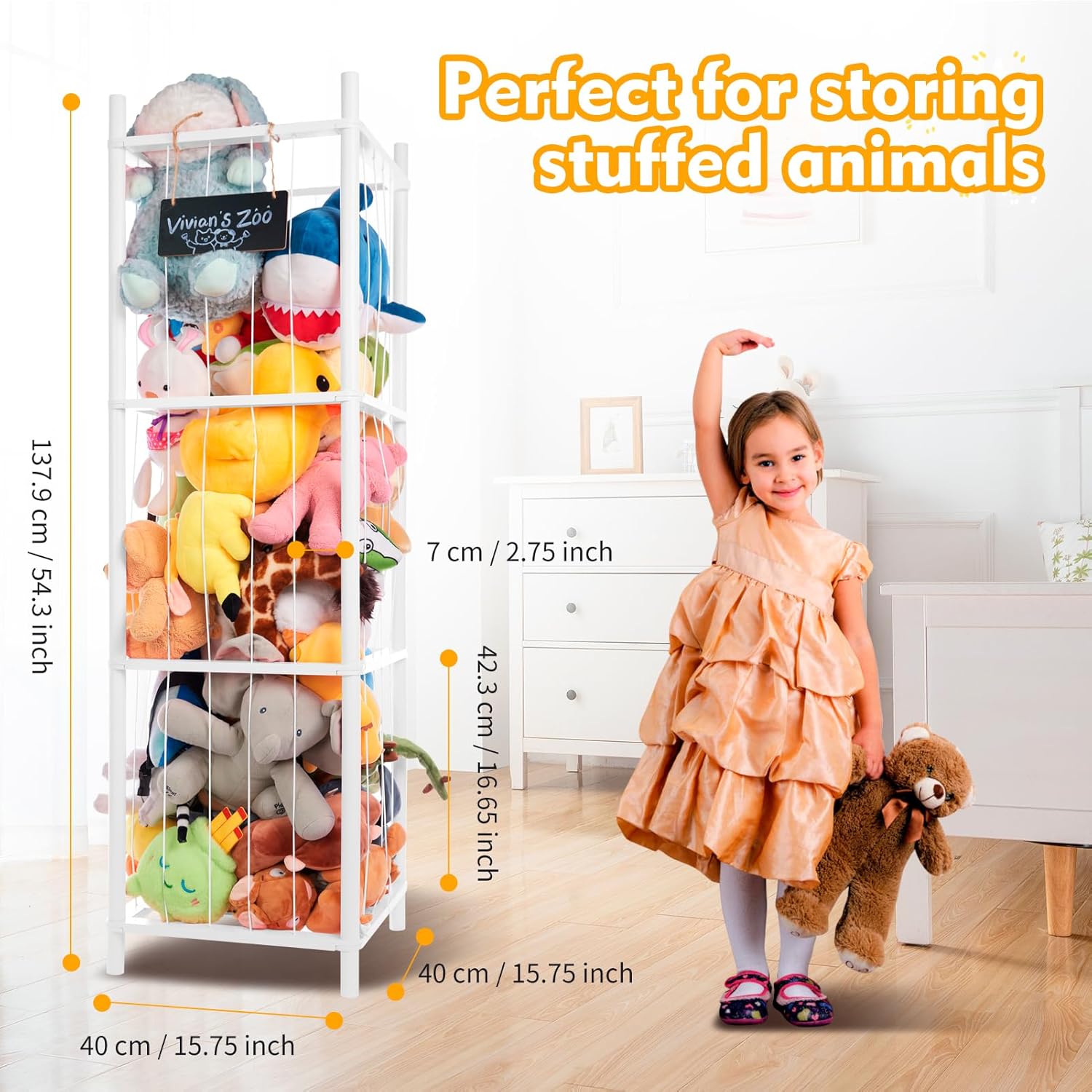 Large Stuffed Animal Storage Organizer, Wooden Stuffed Animal Storage Zoo, Toy Holder, Space Saving Toy Tower for Kidroom, Playroom, Kid’s Gift, White