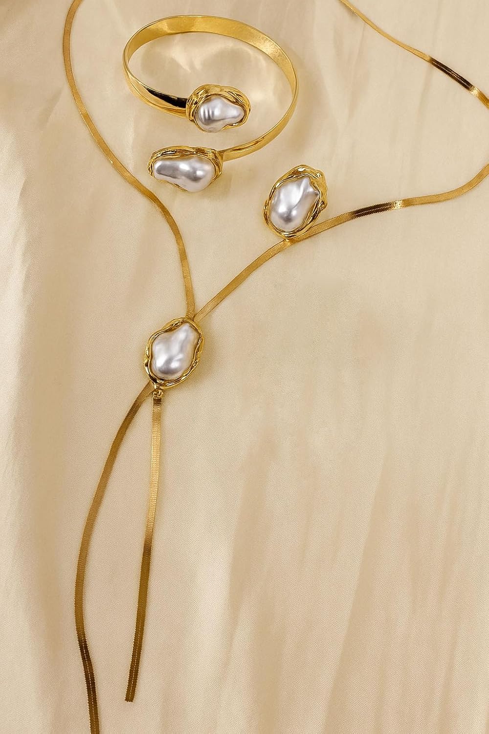 Baroque Pearl Jewelry Set for Women，3PCS Gold Long Herringbone Necklace Bracelet Ring Pearl Set Elegant Vintage Adjustable Trendy Jewelry Gift - Image 5