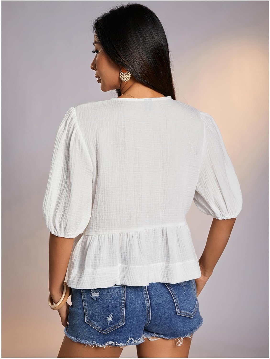 SweatyRocks Women's Bow Peplum Blouse Puff Short Sleeve Tie Front Top - Image 2