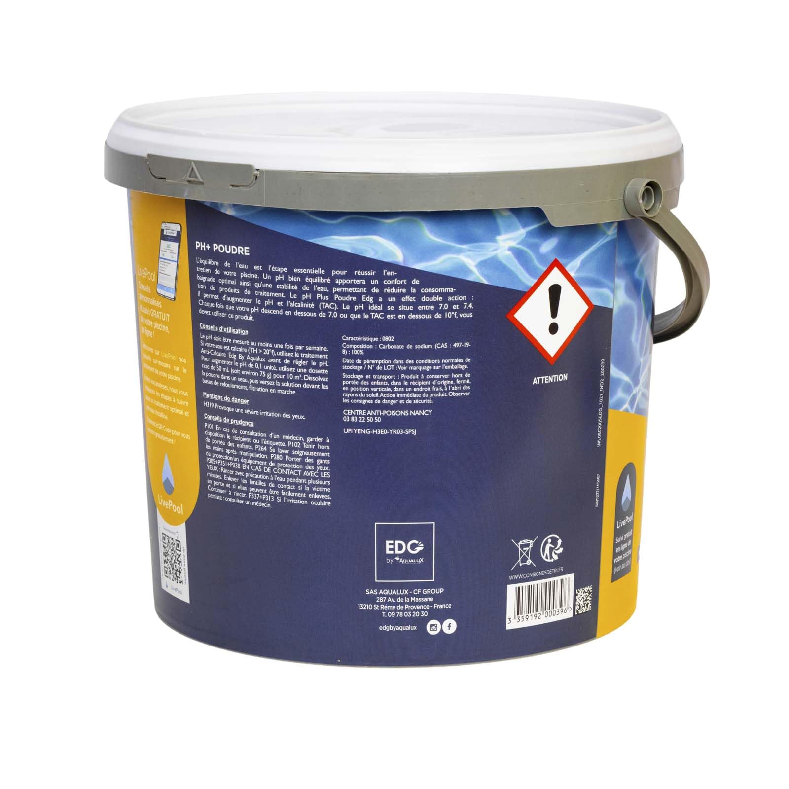 EDG - pH Plus Poudre Piscine - Correcteur pH Plus Piscine - Seau 5kg - Equilibre l'eau - Confort et Efficacité - Spécial Piscine et Spa