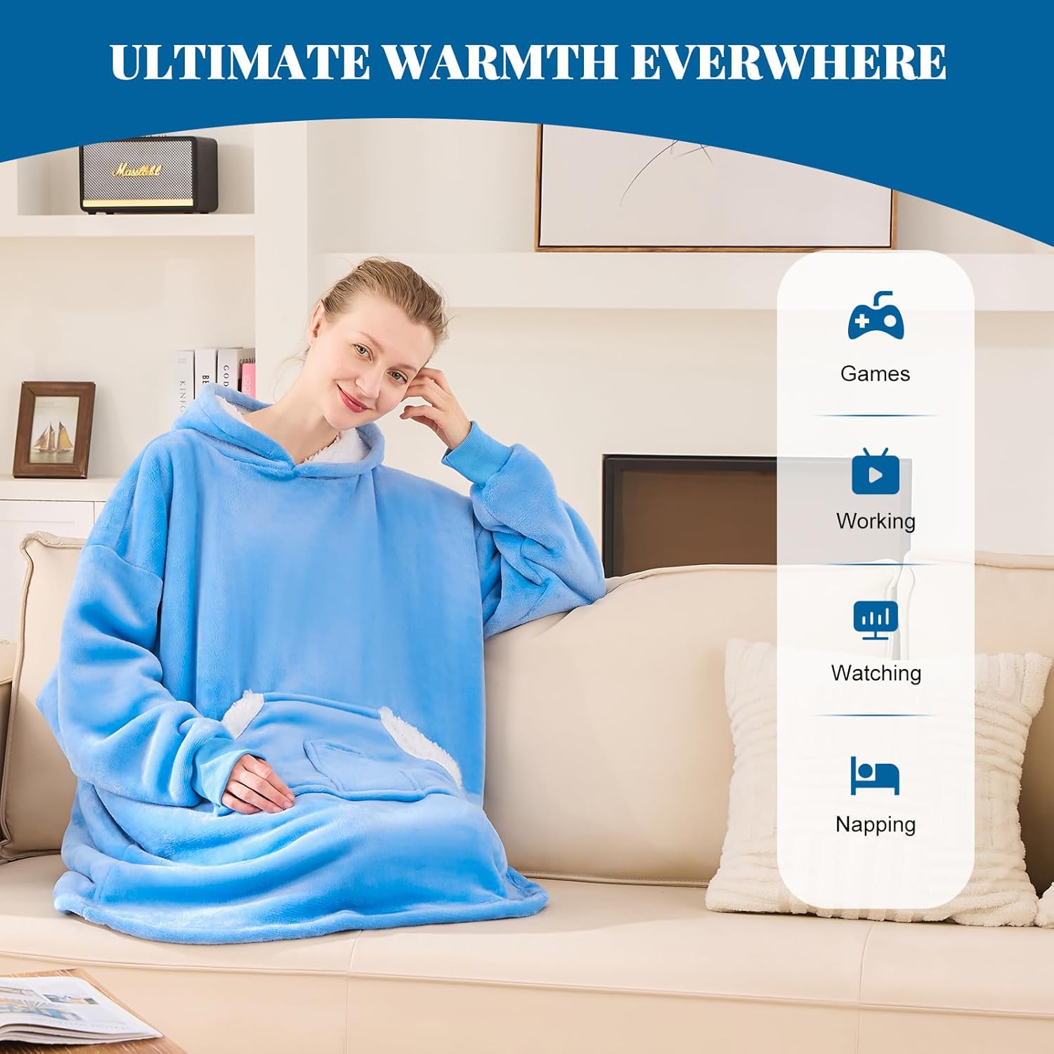 Wearable Blanket Hoodie, Oversized Sherpa Fleece Sweatshirt Blanket with Giant Pockets & Sleeves for Adult, Cozy Hooded Blanket, Winter Gift for Women, Blue - Image 6