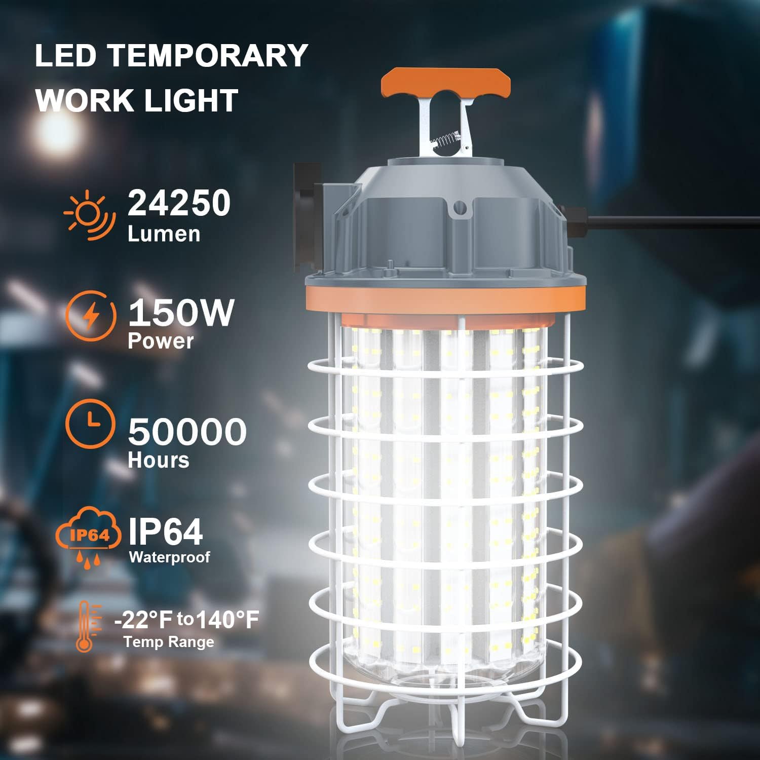 NS LED Temporary Work Light 150W IP64 Portable Linkable 24250 Lumens 5000K Daylight LED Construction Lights with 16.4FT Cord and Hook, Durable Job Site Lighting for Indoor and Outdoor Area Lighting - Image 3