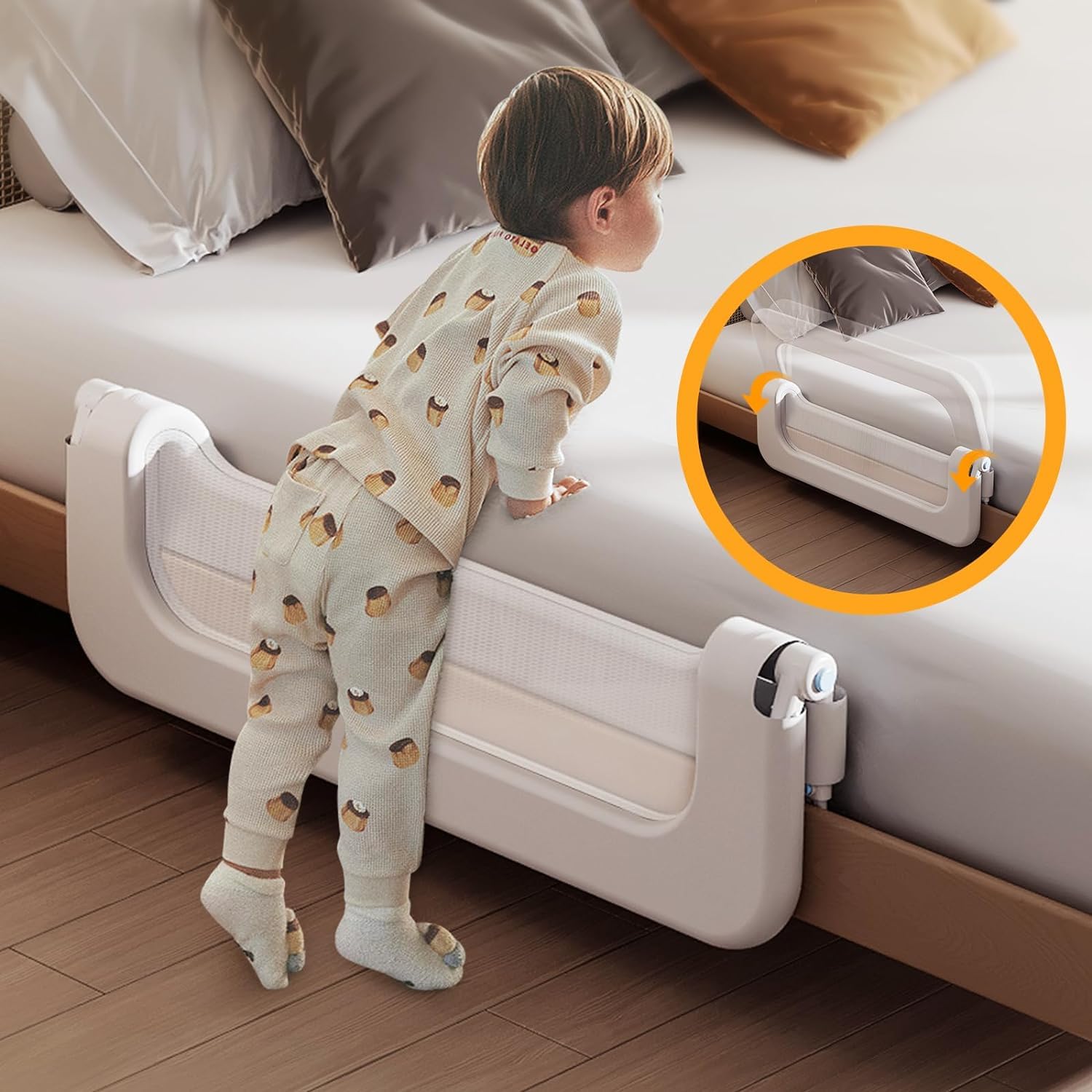 Bettschutzgitter für Kleinkinder – 150 cm verstellbare Höhen, herunterklappbares Bettgitter, extra hohes Kindersicherheits-Seitengeländer für Kinder – Kleinkind-Bettgitter für Queen-Size-, King-Size-,