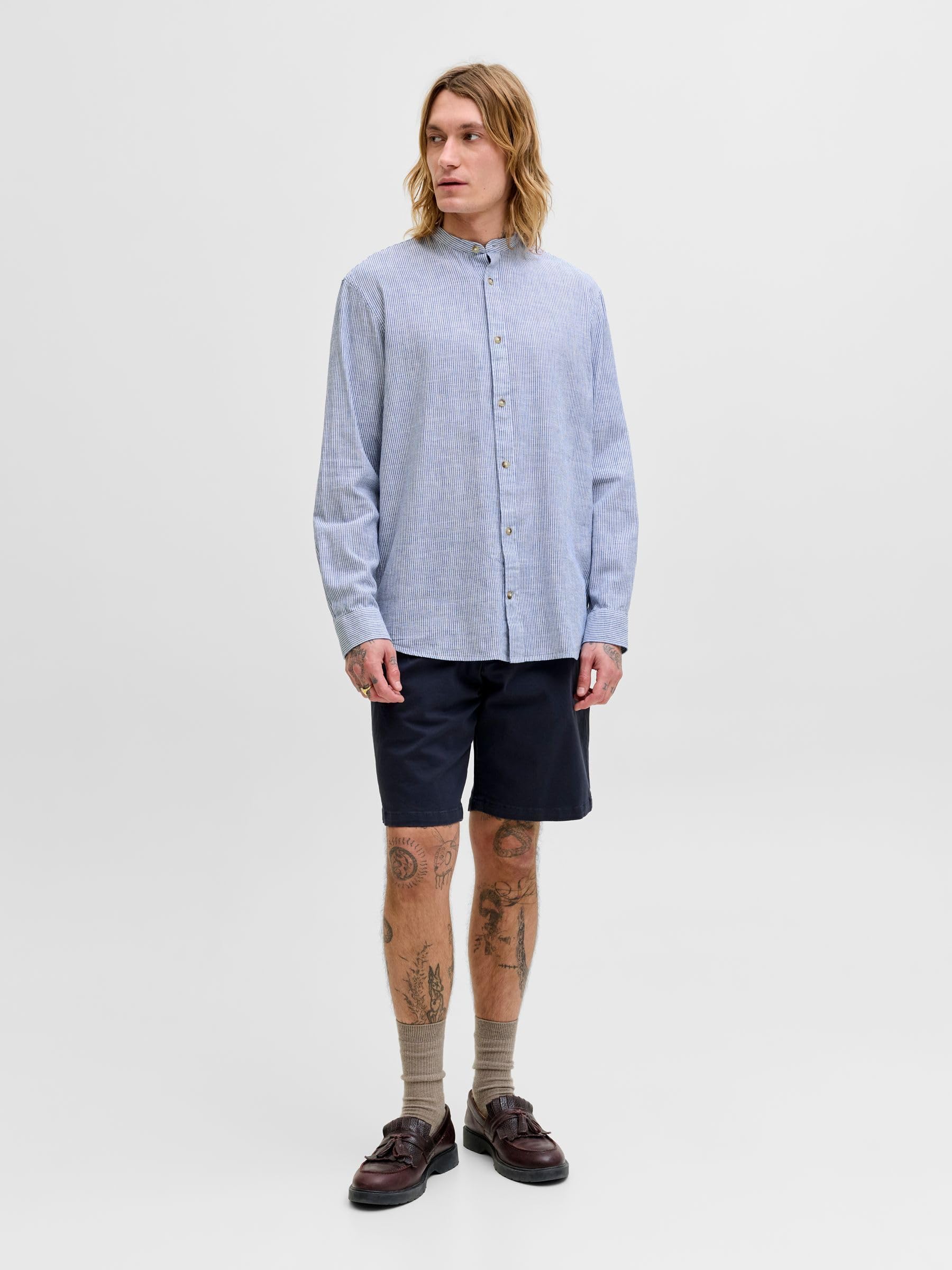 JACK & JONES Jjesummer Linen Blend Band Shirt L/S SN Uomo