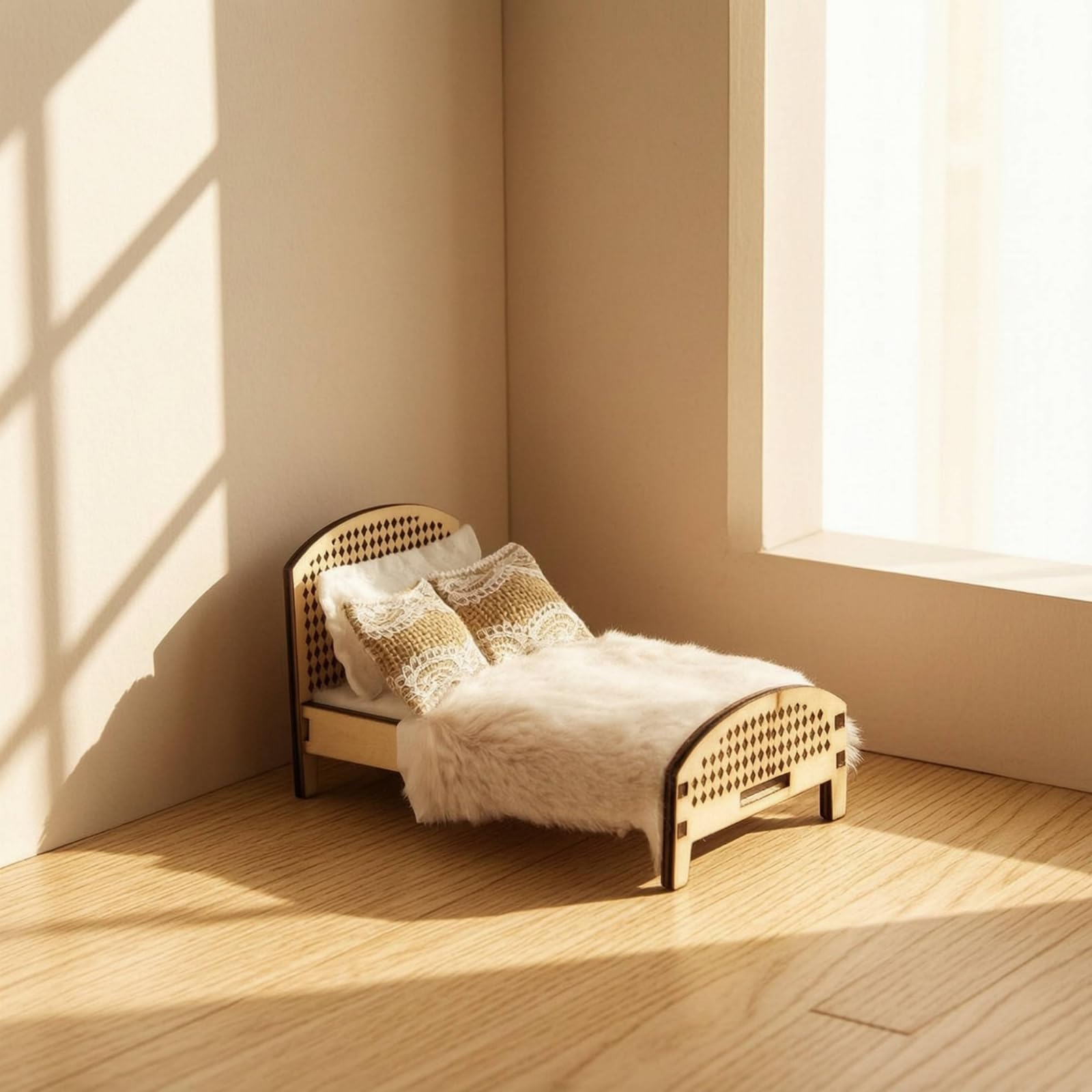 Letto in Miniatura Letto Bambola Letto Bambole Letto Giocattolo Letto Casa Delle Bambole in Legno con Pediera Arcuata E Dettagli a Griglia Adatto per, Bianco Legno