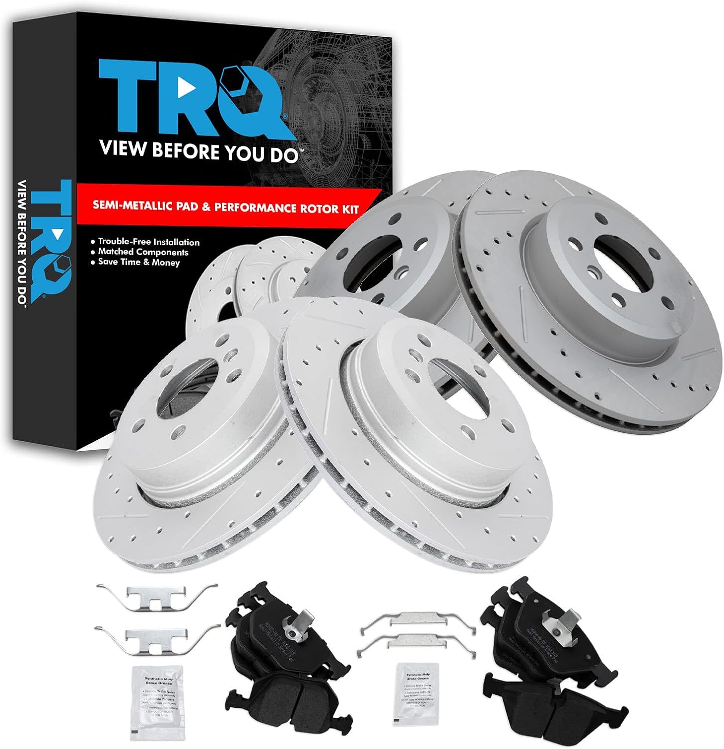 TRQ Front and Rear Performance Brake Pad & Rotor Kit Brake Pads Brake Rotors Set Semi-Metallic Premium G-Coated Compatible with 2004-2010 BMW X3