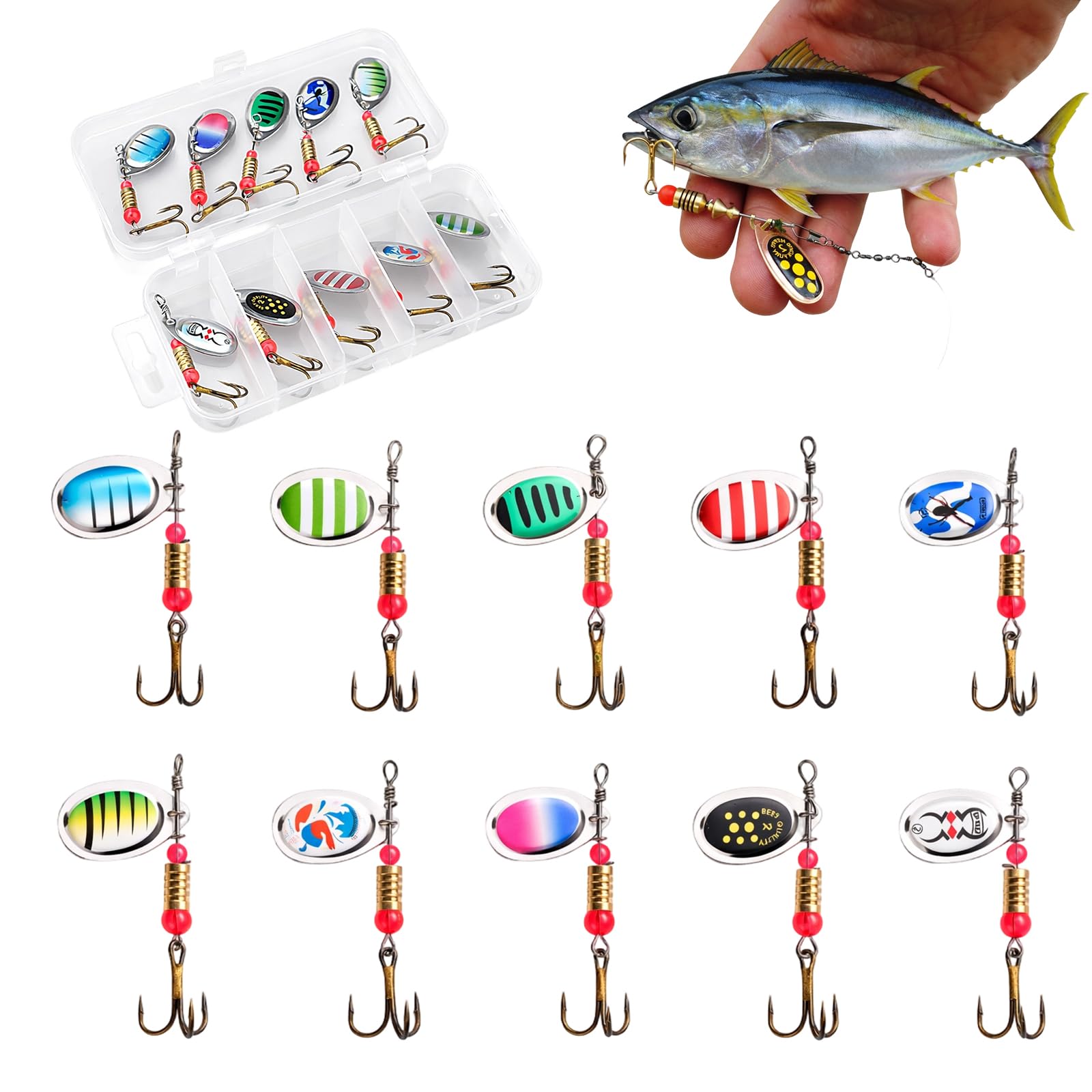 10PCS Fishing Lures Set, Pike Lures Trout Lures, Metal Spinnerbait with Rotating Blades, Multi Coloured Metal Fishing Spinners, with Transparent Box for Bass, Trout, Salmon, Pike