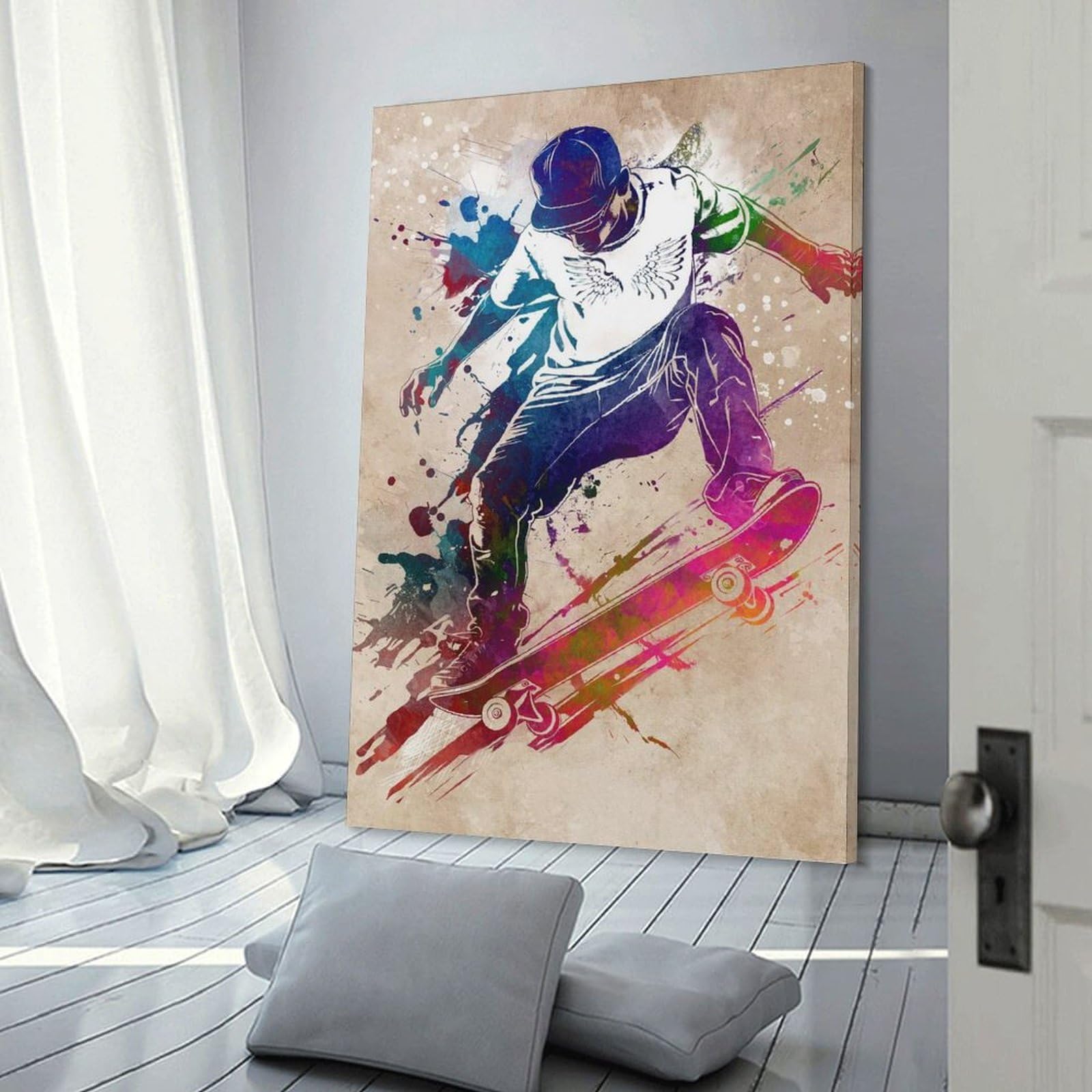 Junmoney Skateboarder Watercolor Art Canvas Wall Art, 24x36inch(60x90cm), for Bedroom, Guest Room Or Reading Nook, Decorative Wall Art for Cosy Rooms