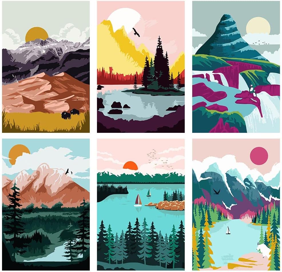 LWZAYS 6 Pack Paint by Number for Adults,Mountain Lake Paint by Numbers