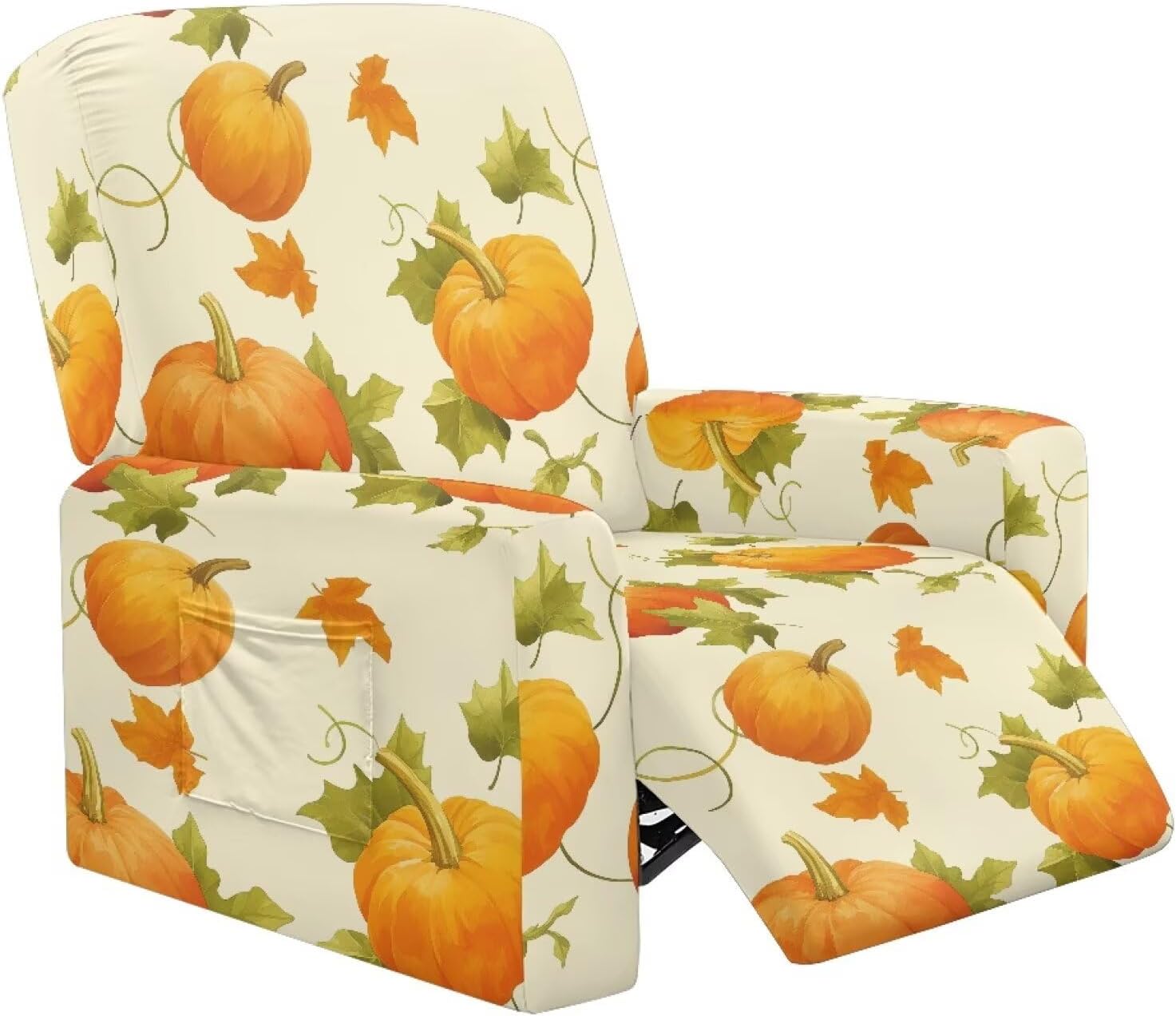 FOR U DESIGNS Pumpkin Leaves Beige Washable Recliner Covers for Small Recliners 4-Pieces Elastic Slipcover with Pockets Furniture Protector for Reclining Chair Thanksgiving Decorations