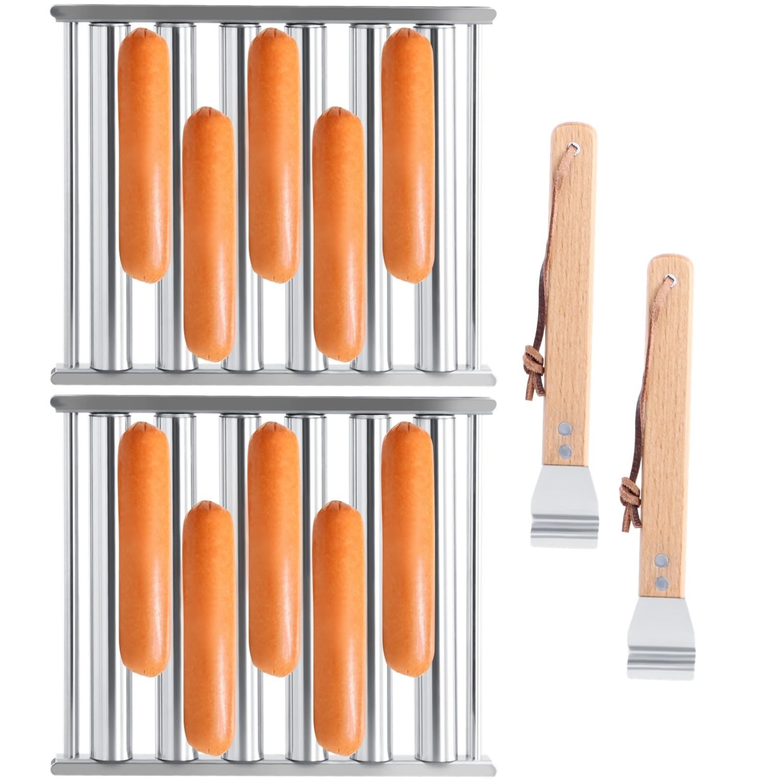 Edelstahl-Hot-Dog-Roller für Grill, Wurstwalze mit Holzgriff, Grillwerkzeug für das Kochen im Freien, 16,5 x 14,9 cm, 2 Stück