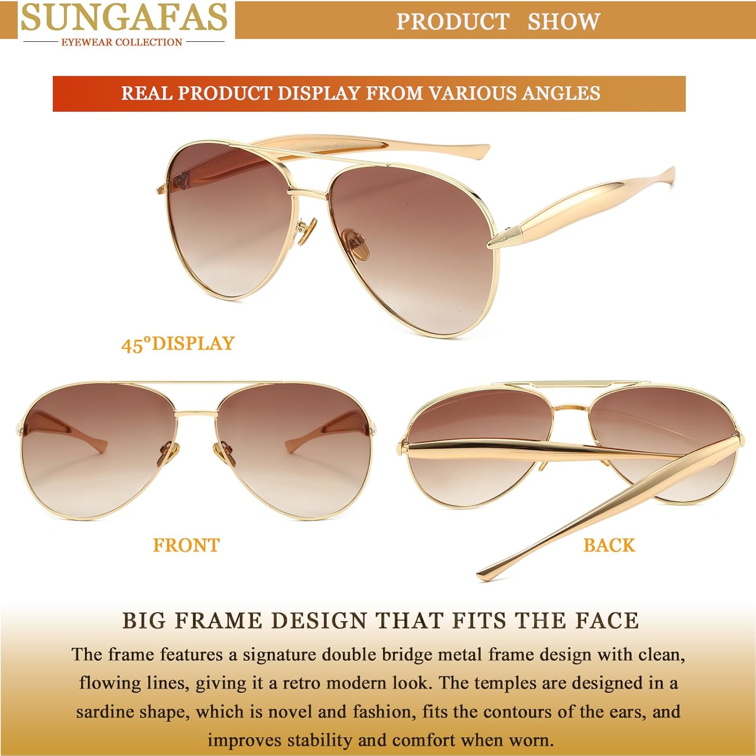 Gold Aviator Sunglasses for Women Men Oversized Aviators Sun Glasses Metal Retro Shades - Image 5