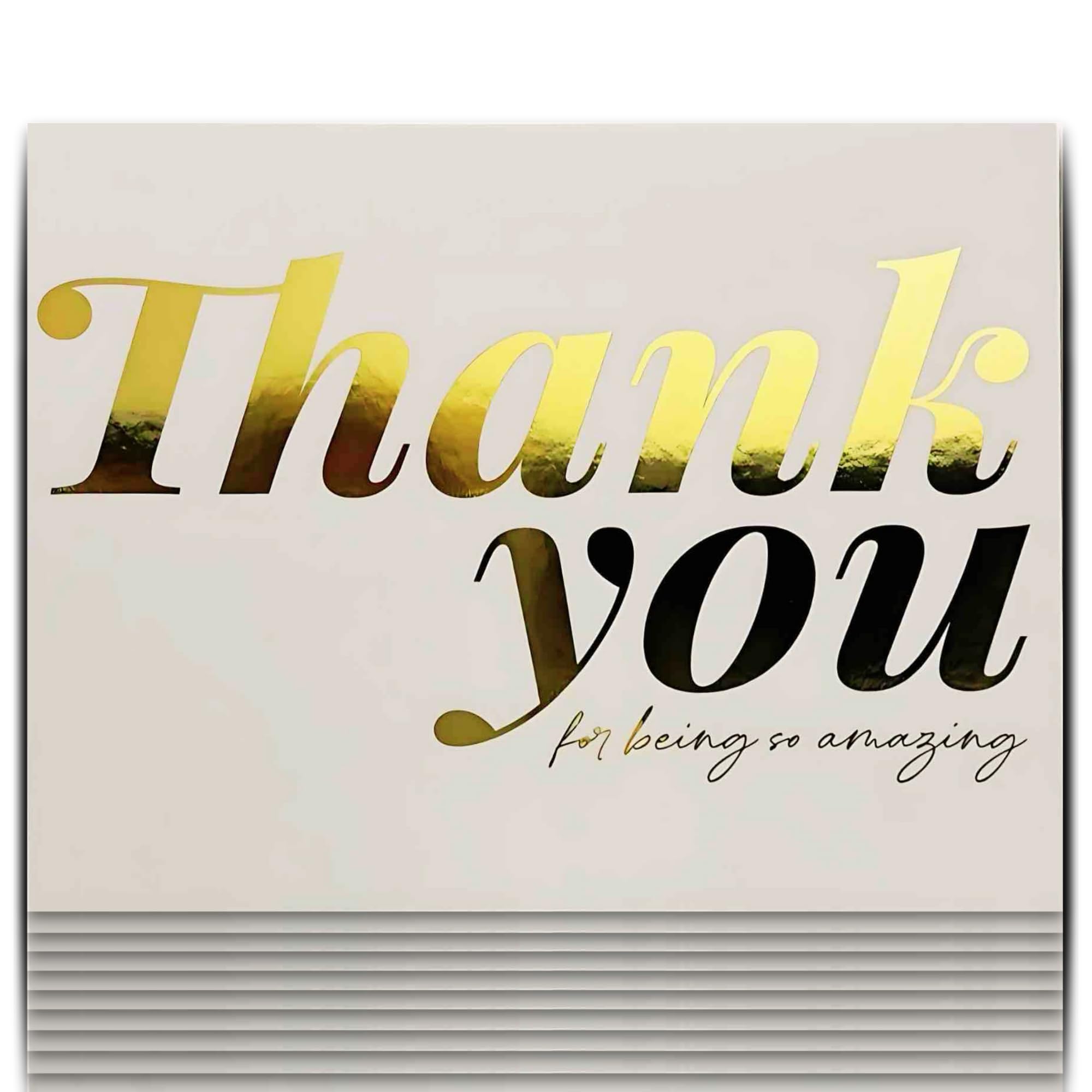 Qualiprint Thank You Cards Pack of 10 (Post Card Style), Gold Foil Pressed, 300 GSM Invacote, 10.5cm x 14.8cm, Silk Finish with Plain Envelopes - Greeting for All Occasions, Thankyou Cards Multipack