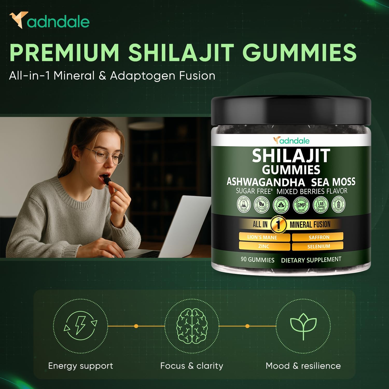 Adndale Himalayan Natural Shilajit Gummies for Men & Women, Sugar-Free Mixed Berries Flavor - with Ashwagandha, Sea Moss, Lion’s Mane & Saffron + Zinc & Selenium - 90 Gummies (45 Servings)