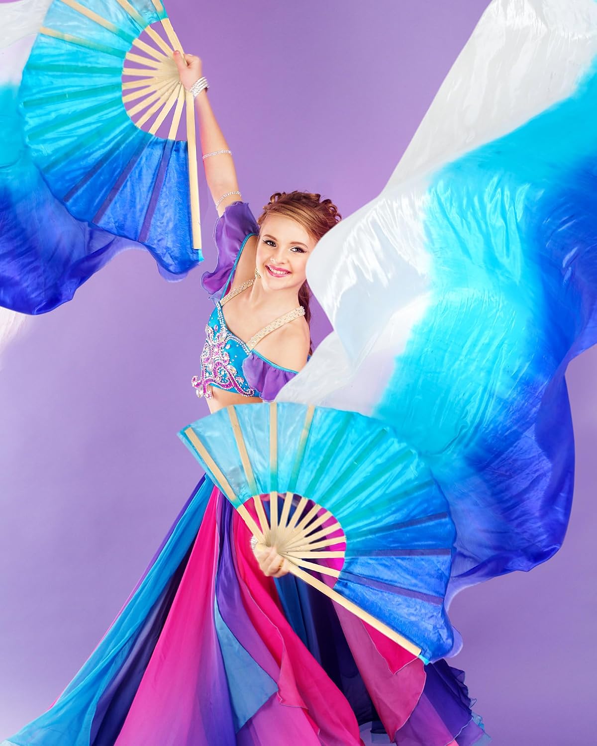 Qunclay 2 Pairs Belly Dance Silk Fans, Chinese Dance Faux Silk Fan Flowing Veil Fan for Dancers Practice&Performance Length 180cm Width 90cm