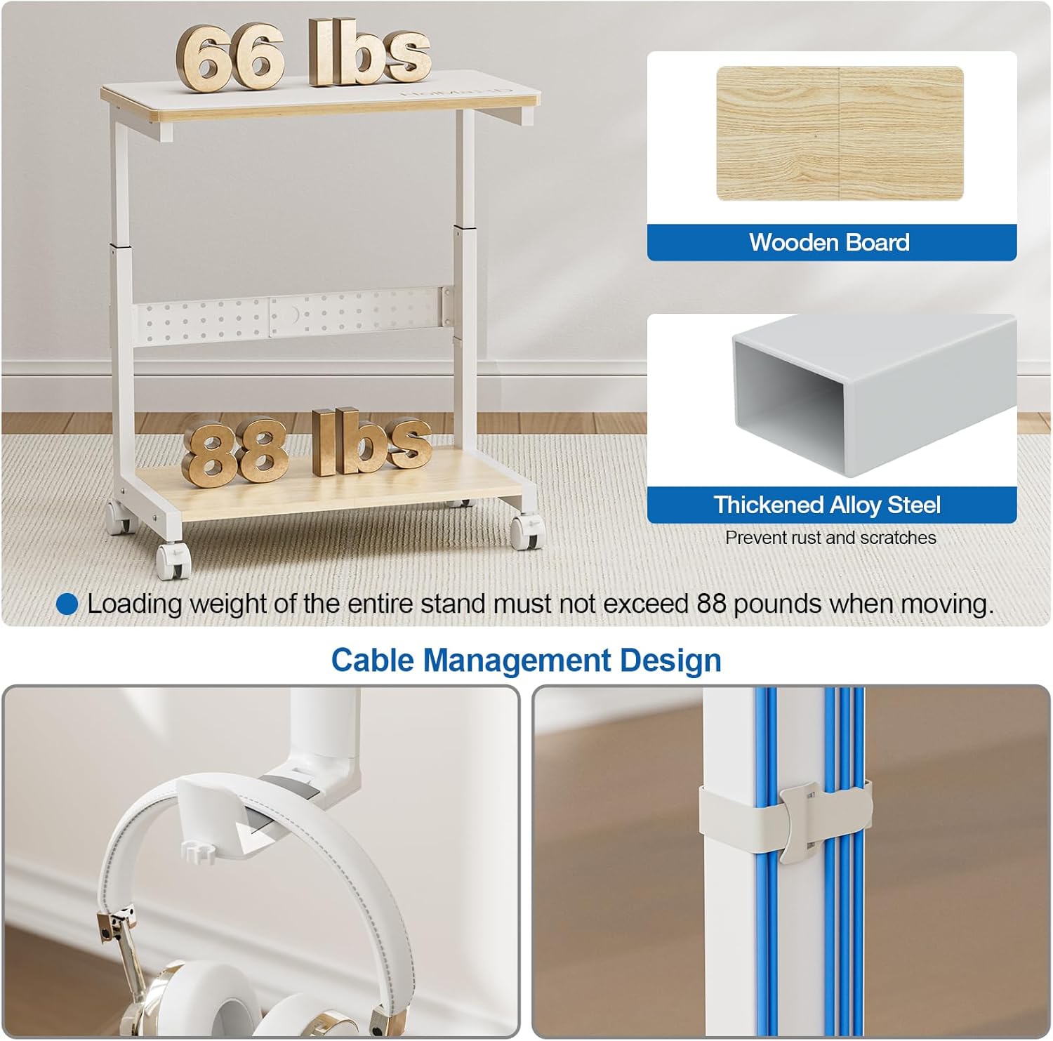 Height Adjustable Computer Tower Stand, 2-Tier ATX-Case CPU Holder with Mouse Pad & Headphone Stand, Mobile PC Standing Under Desk, Home Office Gaming Accessories, Computer Cart Wheels, Maple
