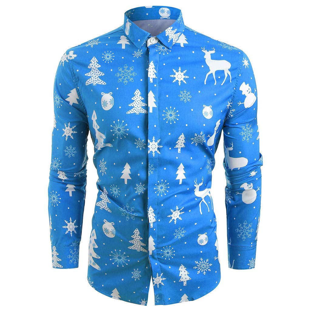 Drindf Mens Tops Men's Christmas Print Slim Fit Long Sleeve Button Down Shirt Party Holiday Xmas Dress Shirt