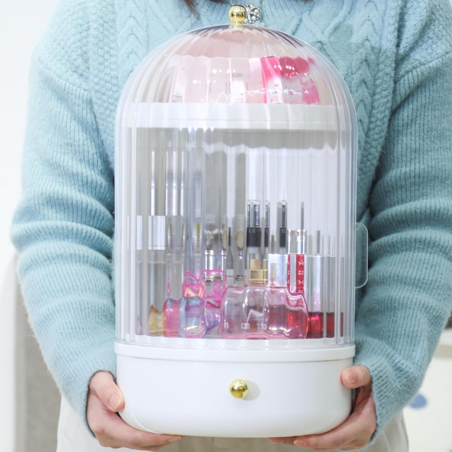 Skincare Organizers with Lids, 360 Rotating Makeup Storage Organizer with Lipstick Holder,Cosmetics Skincare Organizers with Lid and Drawer Cosmetic Display Cases for Countertop (Clear-B)