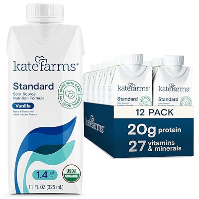 KATE FARMS Organic 1.4 High Calorie Nutrition Shake, Vanilla, 20g Protein, 27 Vitamins and Minerals, Meal Replacement, Protein Shake, 11 oz (12 Pack)