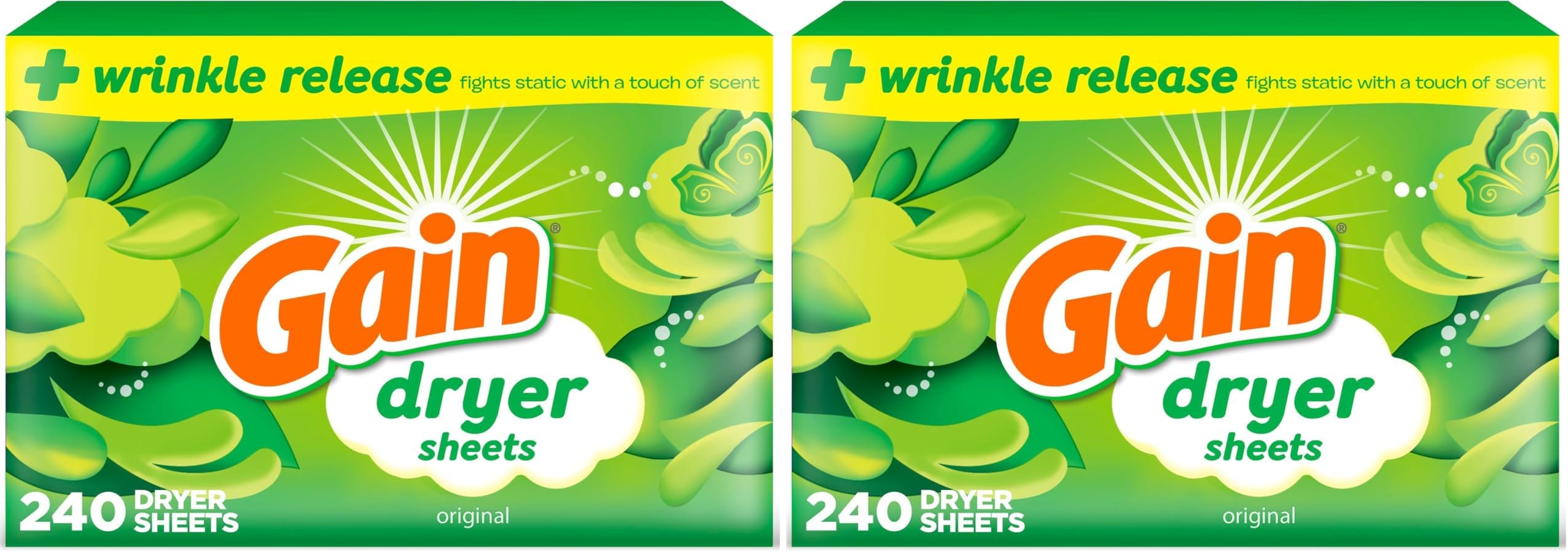 Gain Dryer Sheets Fabric Softener, Original Scent | 240 Count | Pack of 2