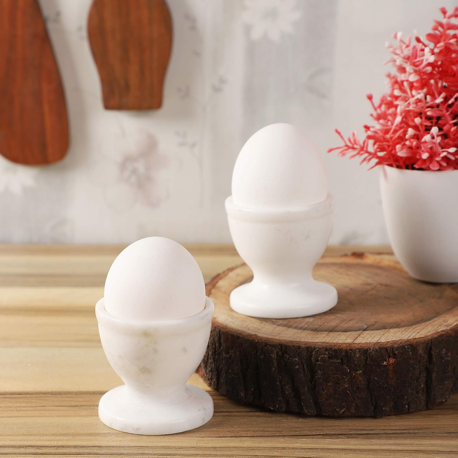 NikkisPride Marble Egg Cups White Marble Handmade Egg Holder Countertop Ideal Boiled Eggs Cups Set & Marble egg cup holder for dining table