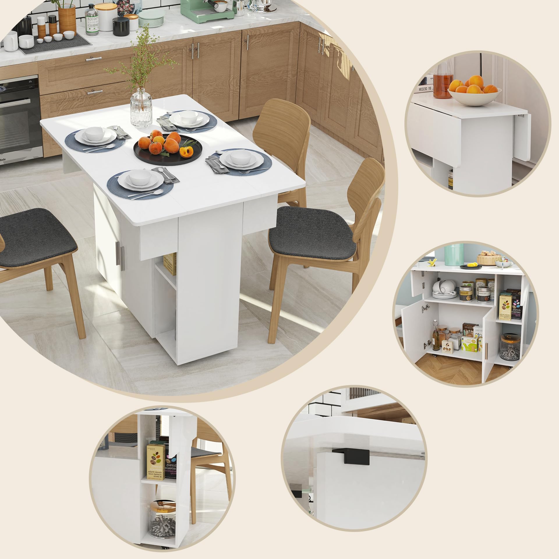 Mesa Plegable Cocina Móvil para Comedor Salón Escritorio, Blanco | 100x70x78cm Mesa Comedor Plegable con Amplio Espacio de Almacenamiento, Ruedas Giratorias y con Bloqueo, para 2-4 Personas