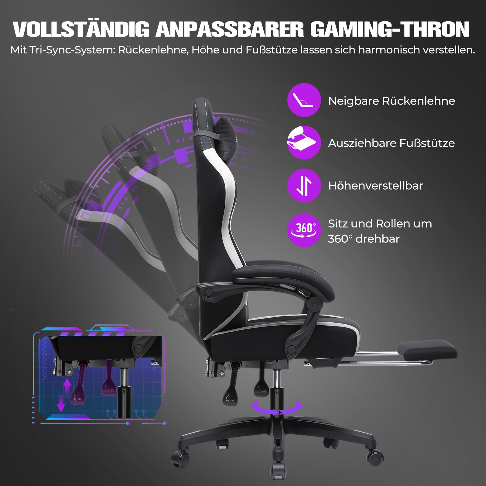 GTPLAYER Gaming Stuhl Ergonomischer, PC Stuhl Atmungsaktiver Stoff, Groß und Hoch Drehbarer Schreibtischstuhl mit Fußstütze,Verstellbare Lendenwirbelstütze und Kopfstütze,Schwarz