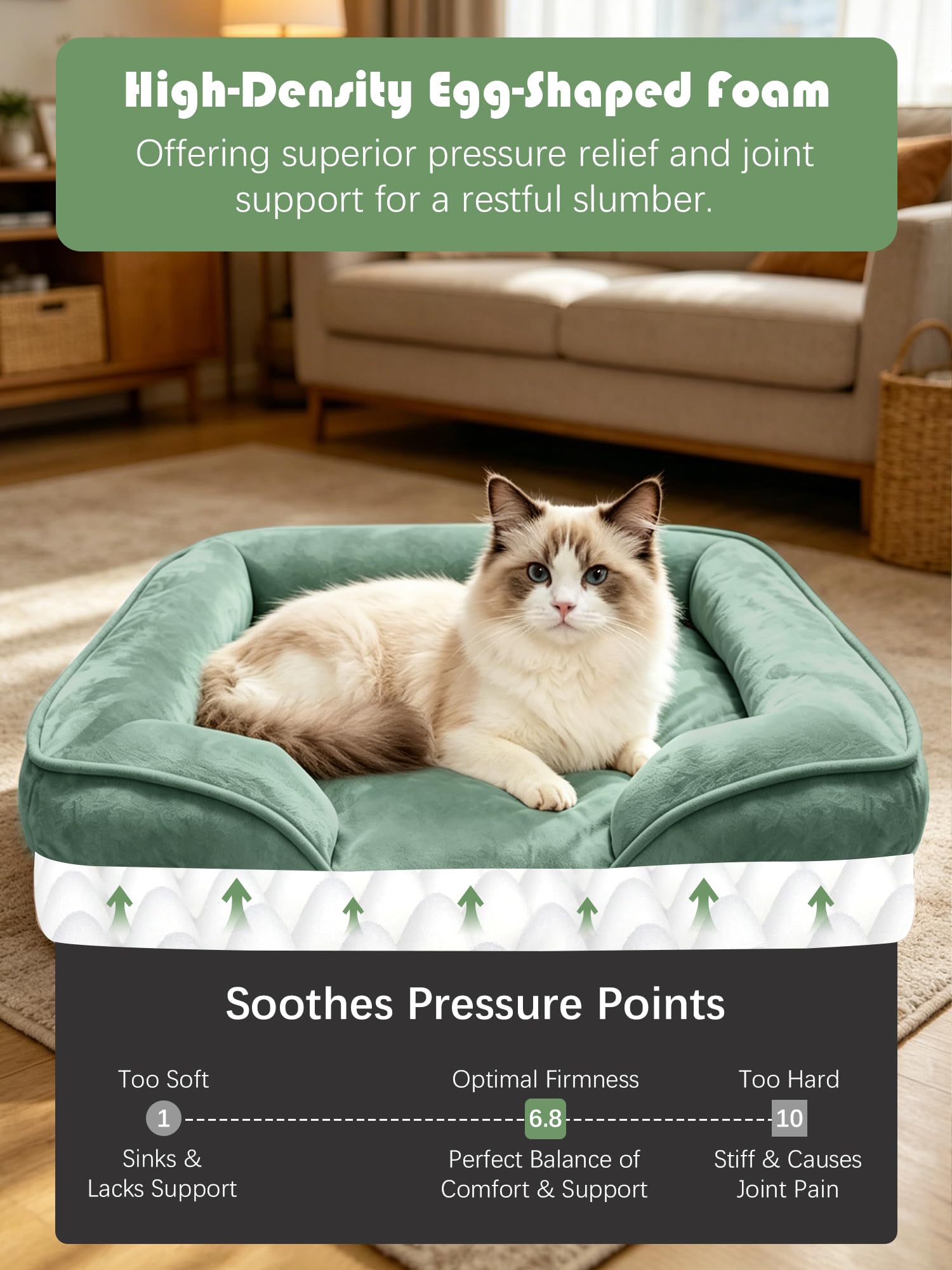 Spotted Play Orthopedic Dog Bed with Sides - Sofa Beds for Small Dogs, Supportive Foam Pet Couch Bed with Washable Removable Cover, Waterproof Lining and Non-Slip Bottom, Green - S view 4