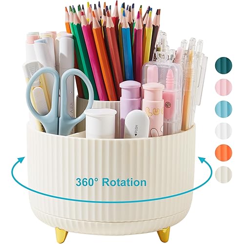 Desk Pencil Pen Holder, 5 Slots 360 Degree Rotating Pencil Pen Organizers for Desk Desktop Storage Stationery Supplies Organizer Cute Pen Cup for Office School Home Art Supply Cream Yellow