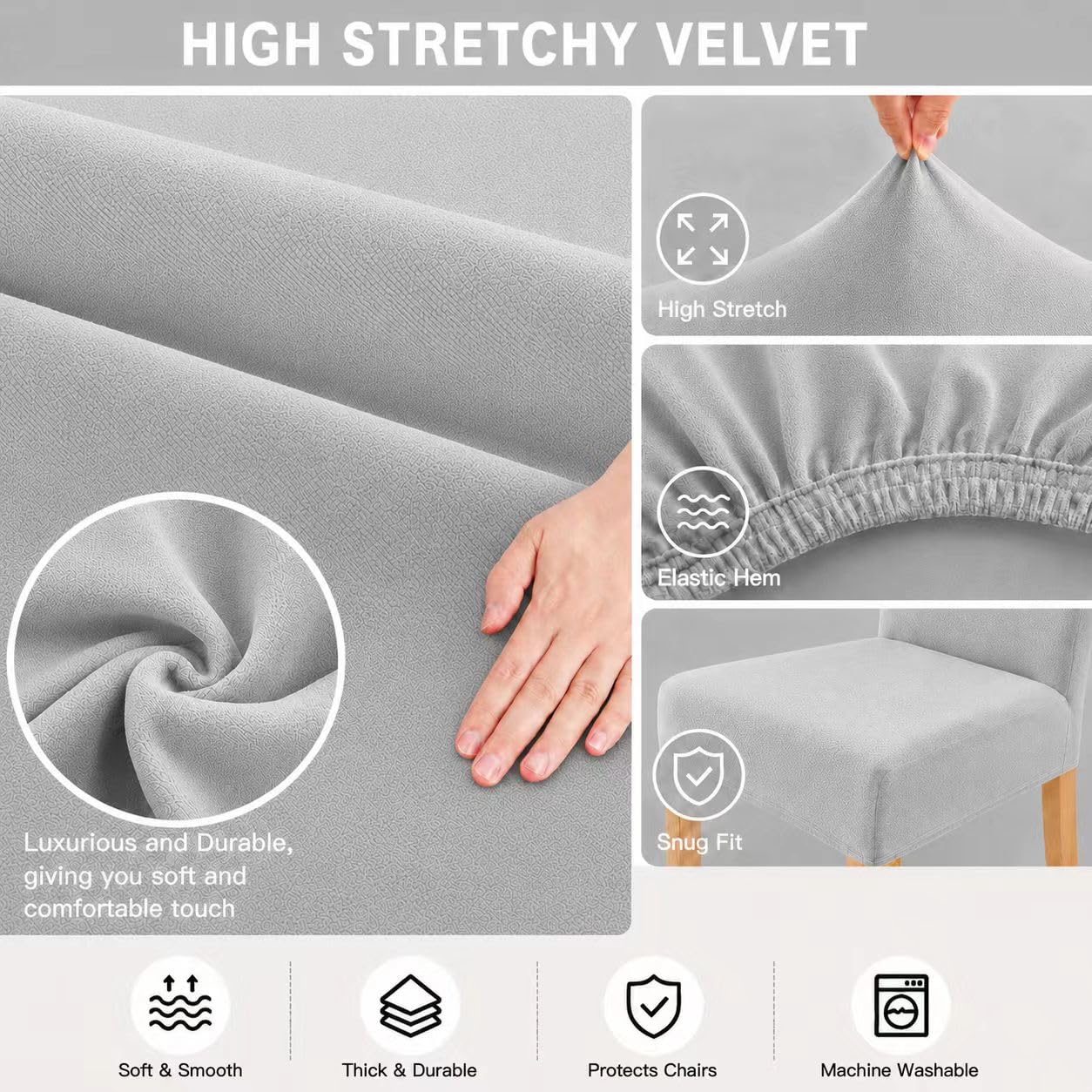 4pcs Housses de Chaise en Velours Doux Extensibles Chaise de Salle à Manger Housses de siège élastiques lavables - pour Restaurant, Salon, décoration de Mariage (6, Gris Clair)