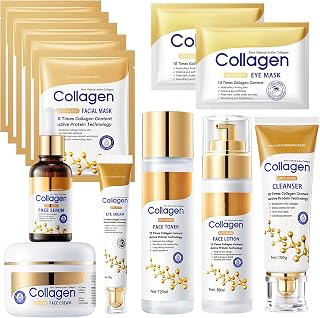 13 Stück Collagen Skin Care Set, Kollagen Gesichtspflege Set Damen, Anti Aging Pflegeset Damen, mit Collagen Creme,Gesichtsreiniger,Face Toner,Augencreme,Collagen Serum,Augenpads,Kollagen Maske