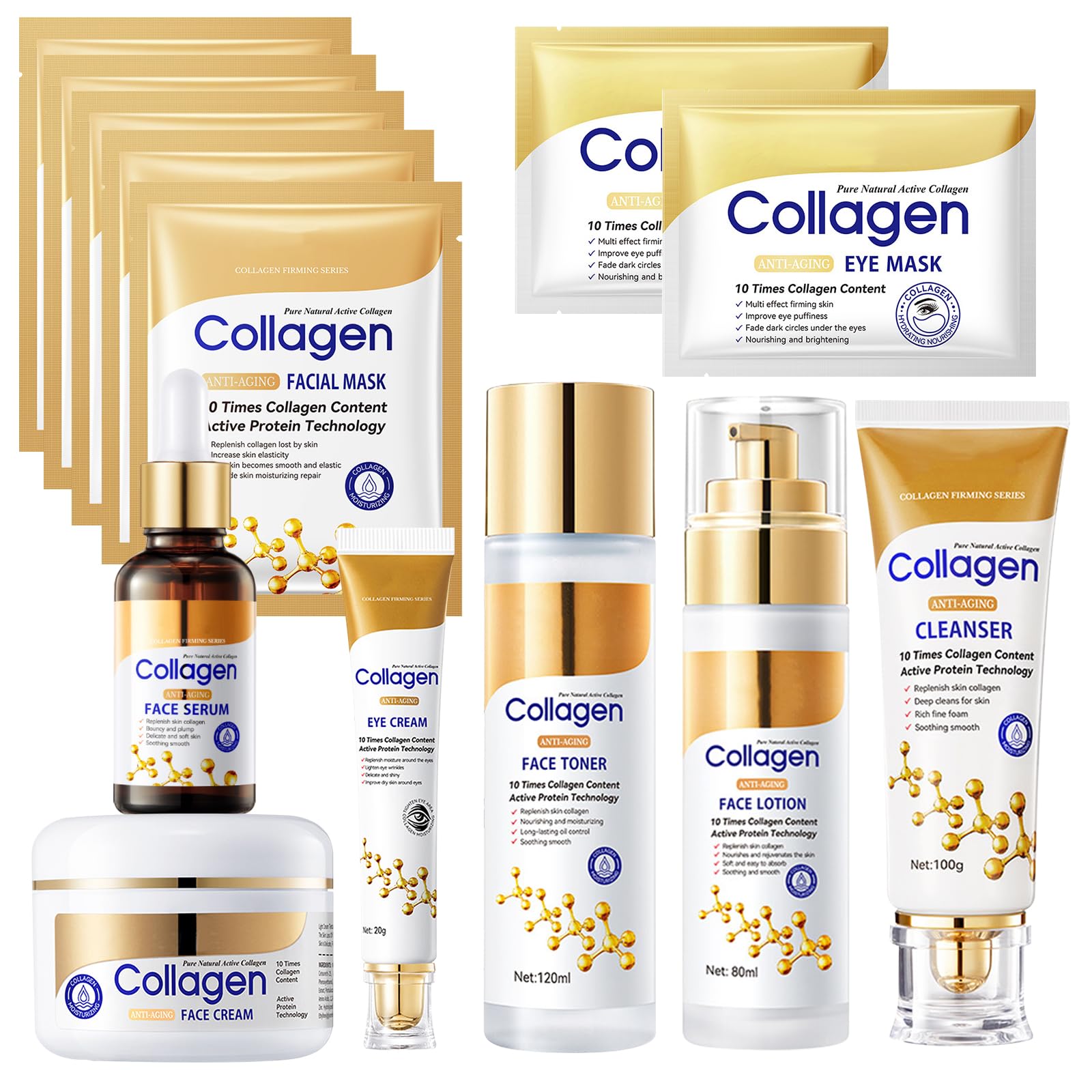 Set Skincare Collagene 13 Pezzi, Kit Skincare Viso Completo, Con Crema Collagene, Detergente Viso, Detergente, Crema Occhi, Siero Collagene, Cerotti Occhi, Maschera Collagene, Skincare Coreana Kit